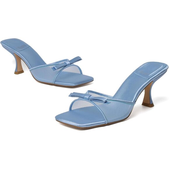 Women's Blue Round Toe Heels With Bow Vintage Mules Sexy Slip on Stiletto - Picture 9 of 9